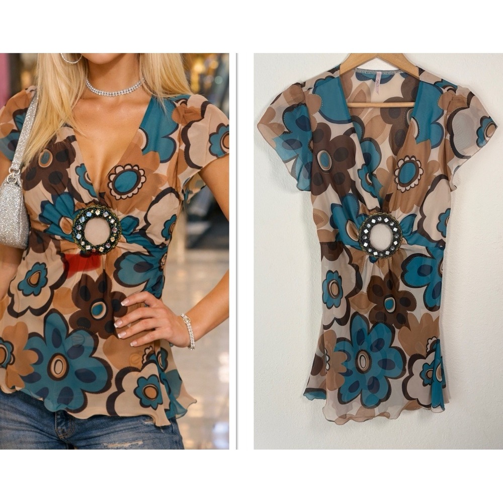 Vtg‎ Rue 21 Y2K Babydoll Fairy Sheer Blouse Top L O-Ring Floral Festival Mall
